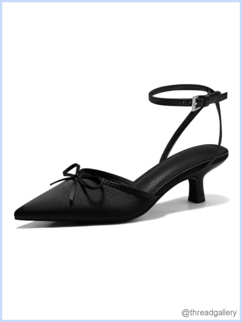 Satin Kitten Heels with Bow Pointed Toe Ankle Strap Low Dress Pumps